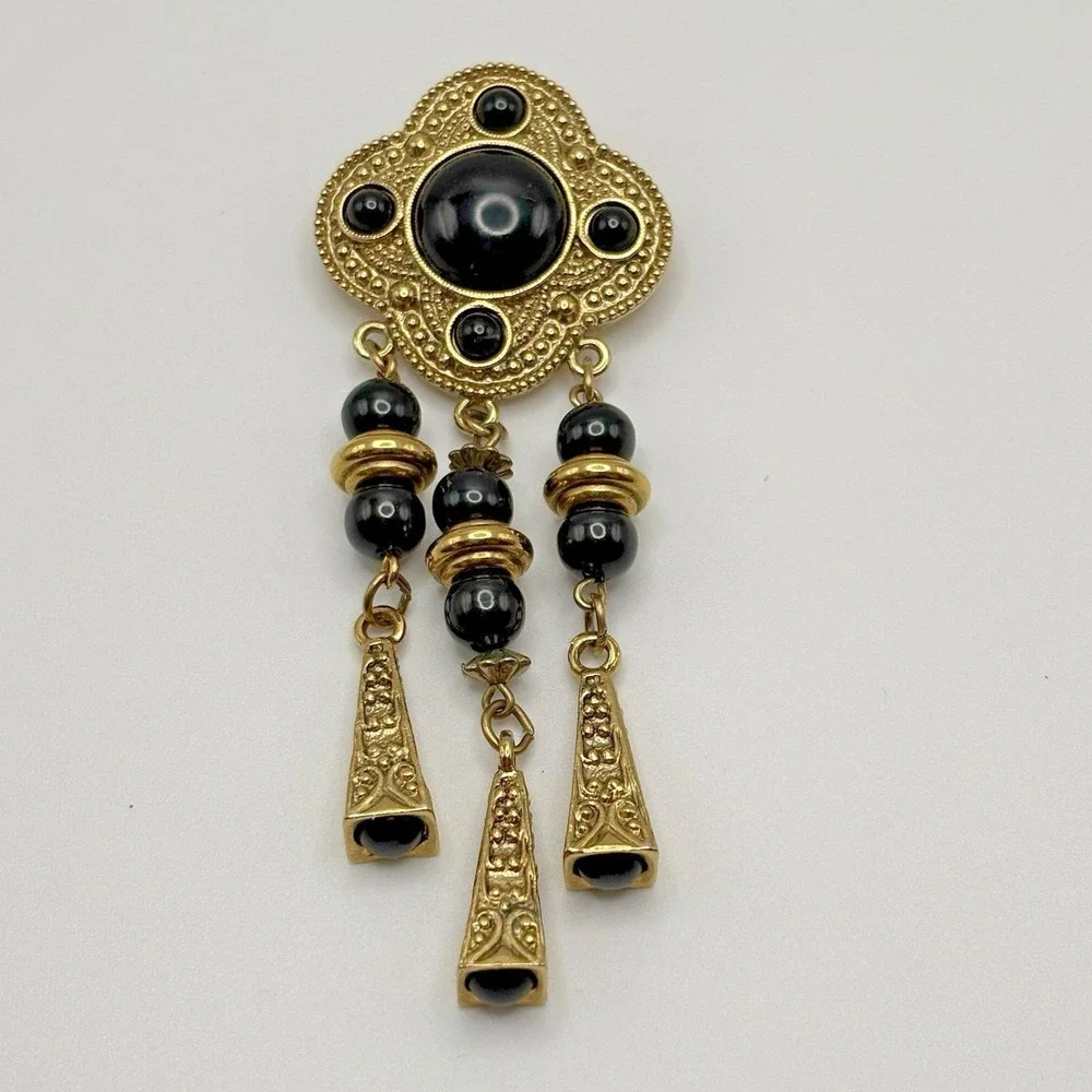 Vintage 1928 Brooch Etruscan Revival Shield Dangle Tassel Gold Black